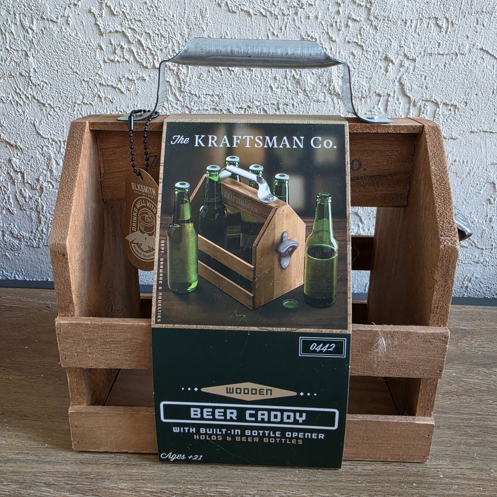 The Kraftsman Co Wooden Beer Caddy with Built-in Bottle Opener 6 Bottle Carrier